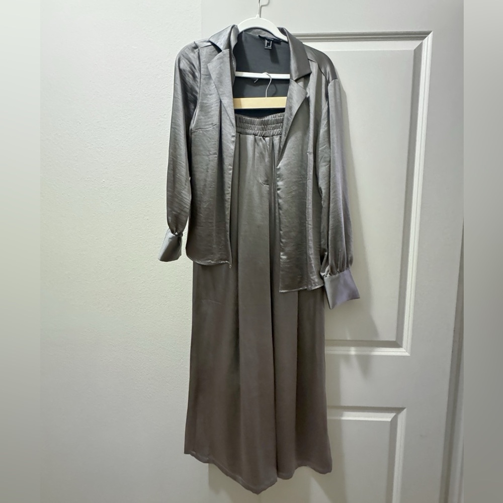 Forever 21 Silver Satin Two-Piece Pants & Shirt Set